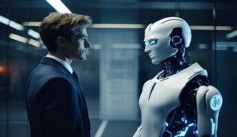 Man and robot stand side by side