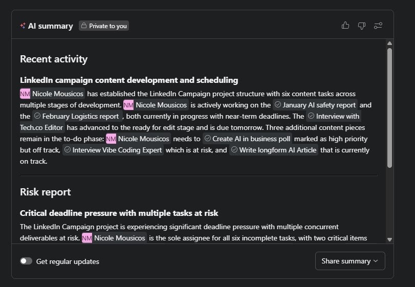 Asana AI provides a summary risk report and recent activity for me