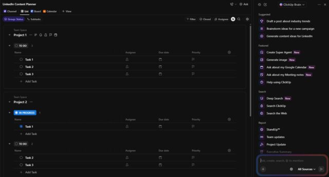ClickUp Brain is located on the right side of the dashboard