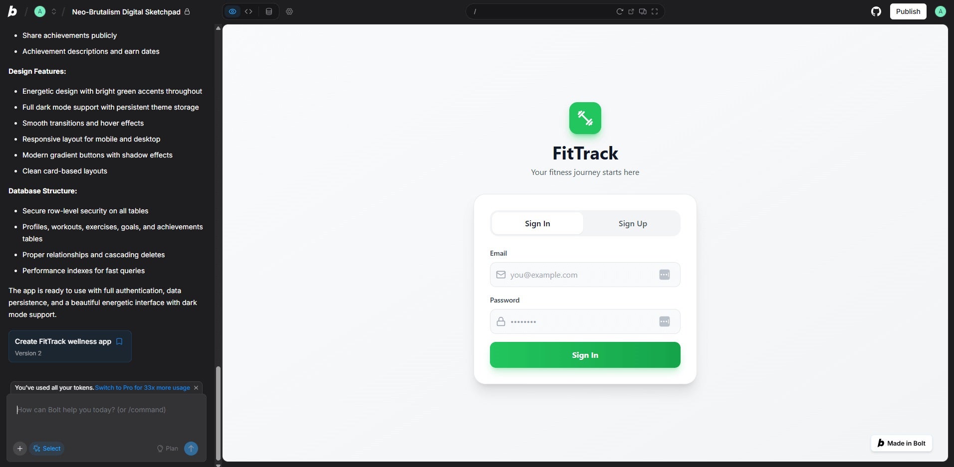 Creating a sign up portal for a fitness site using Bolt.new. Source: Tech.co Testing