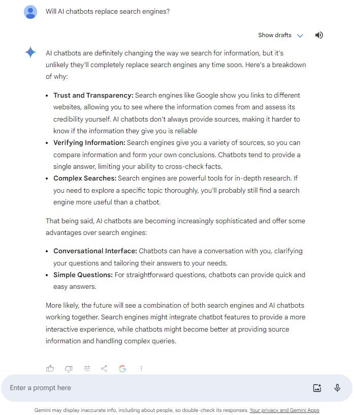 Asking Gemini whether AI will replace search engines. Source: Tech.co