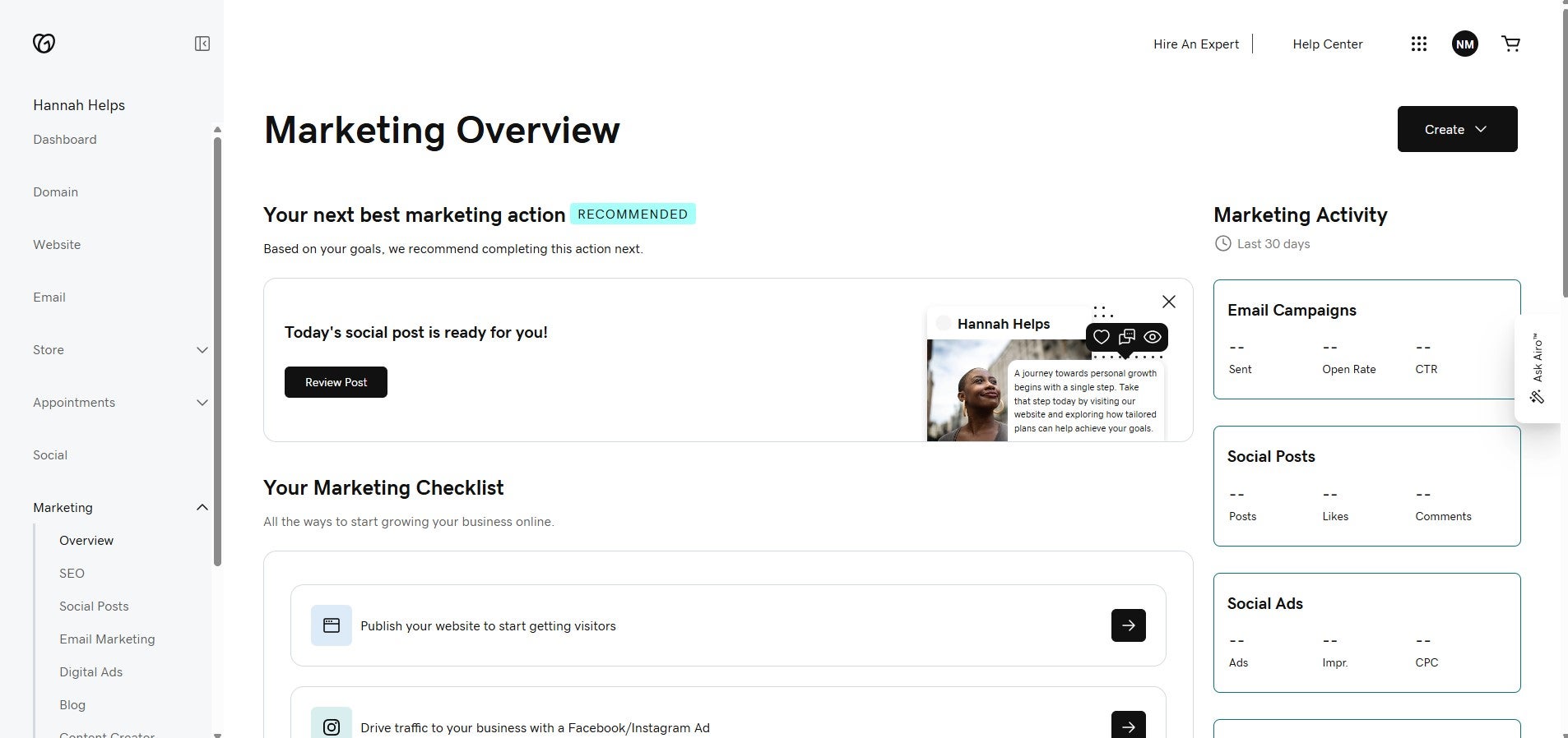 GoDaddy marketing overview page