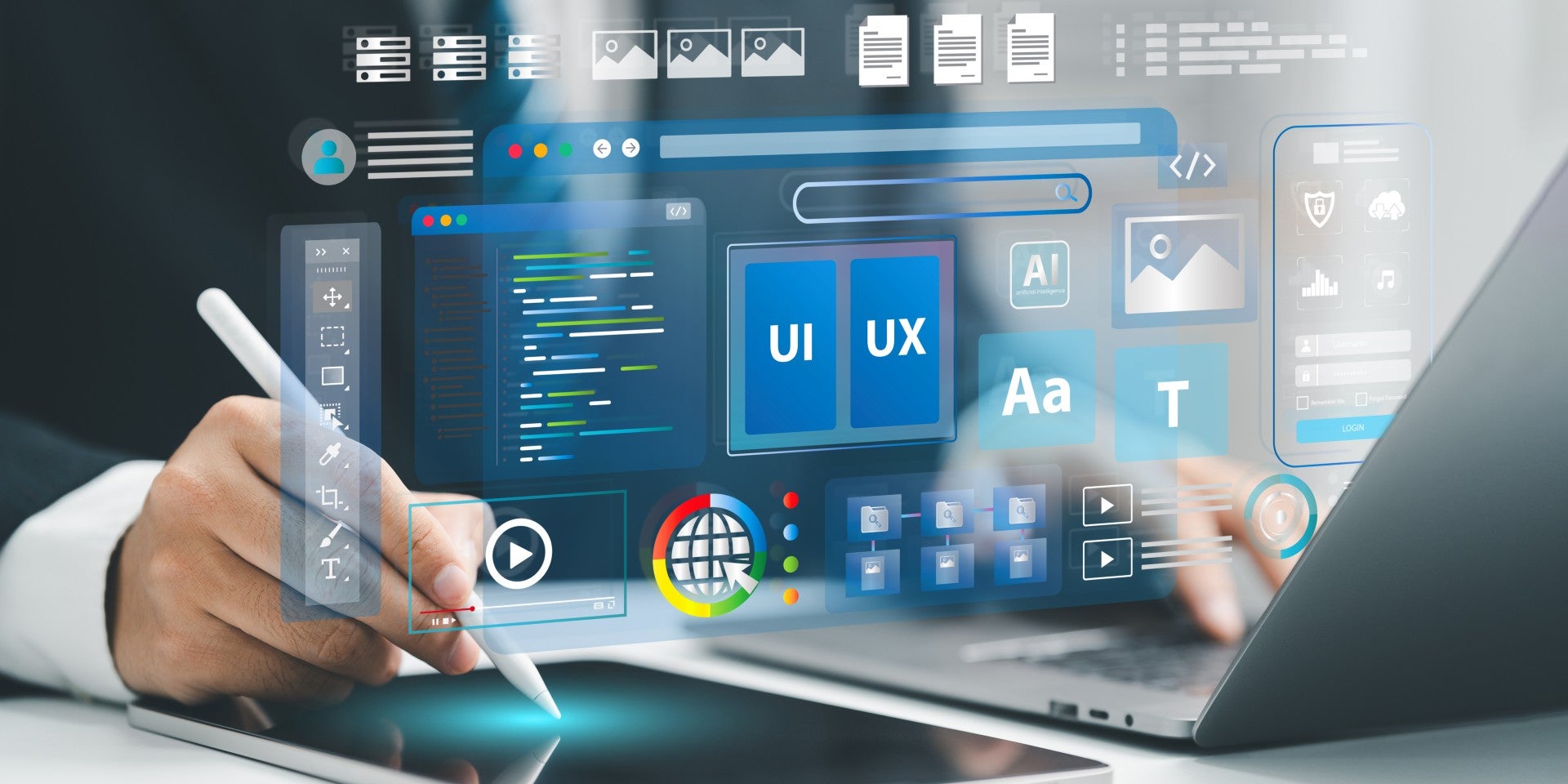 Hand using tablet and laptop to access AI for web design