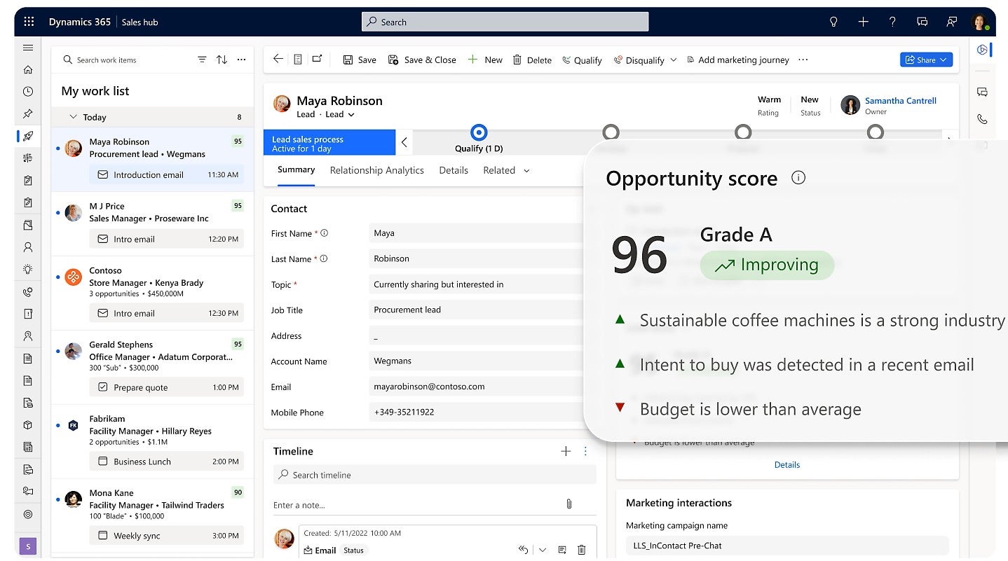 Microsoft Dynamics 365 has AI features built in that can help guide you to improve your business. Source: Microsoft