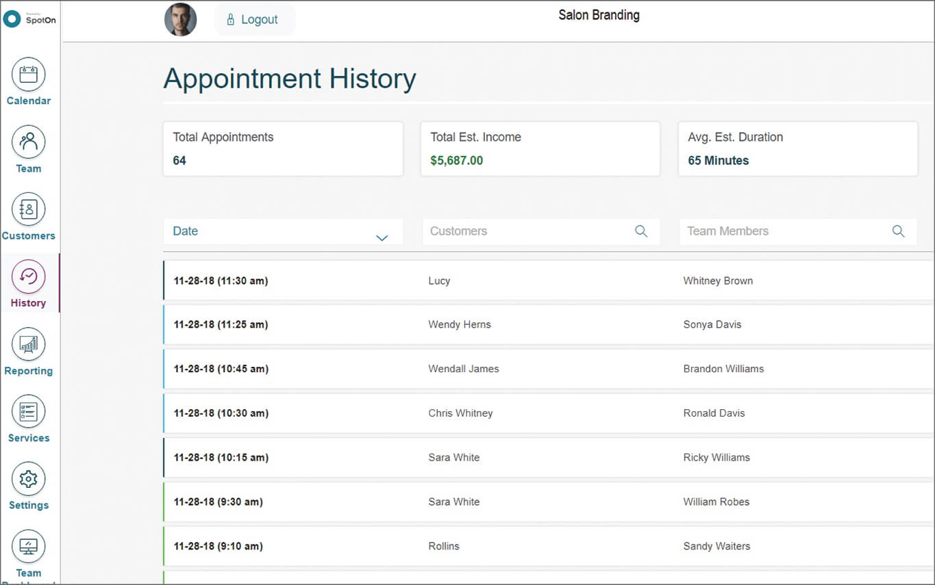 SpotOn POS: appointment history