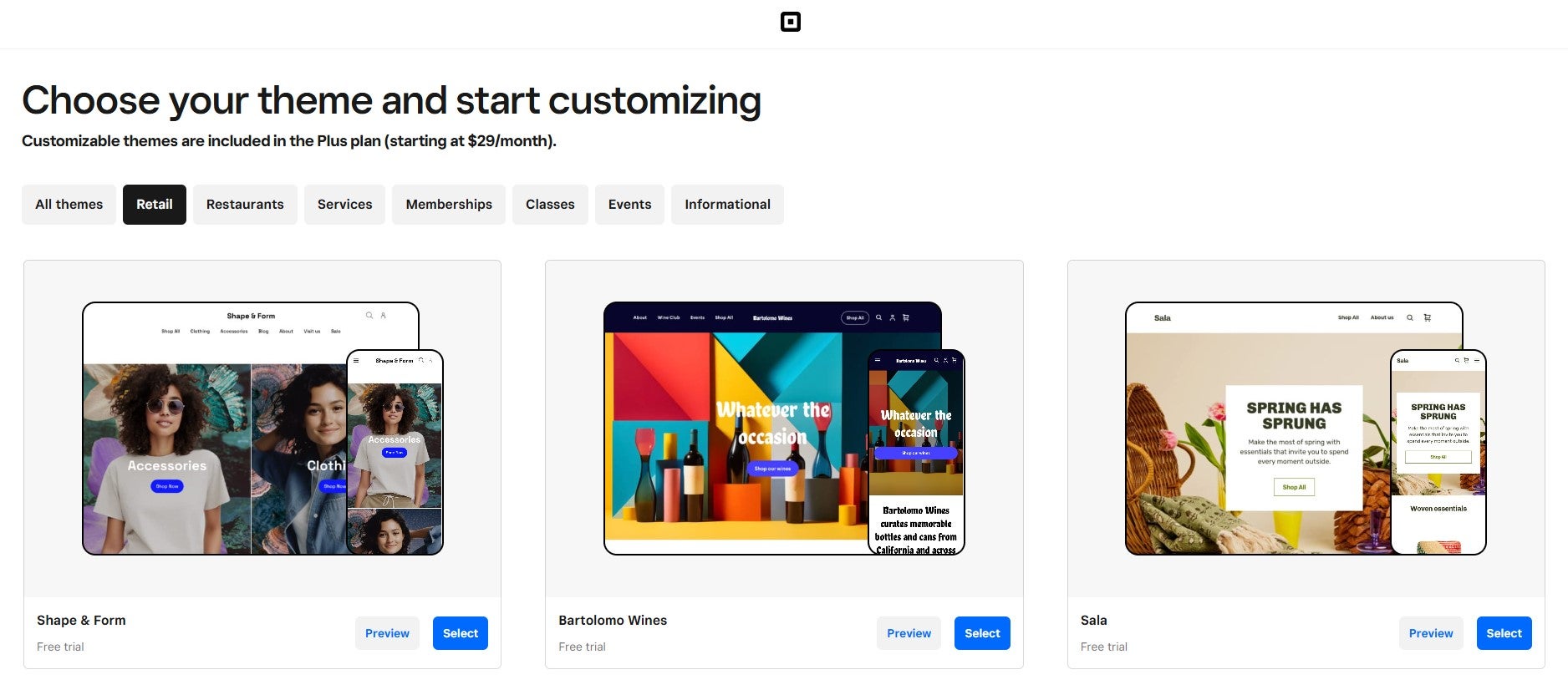 Square Online template examples