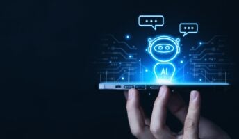 Hand holding phone with AI agent projected up