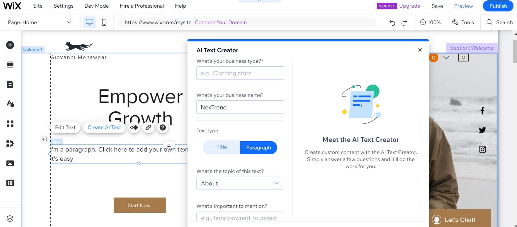 Using Wix's text generator. Image: tech.co