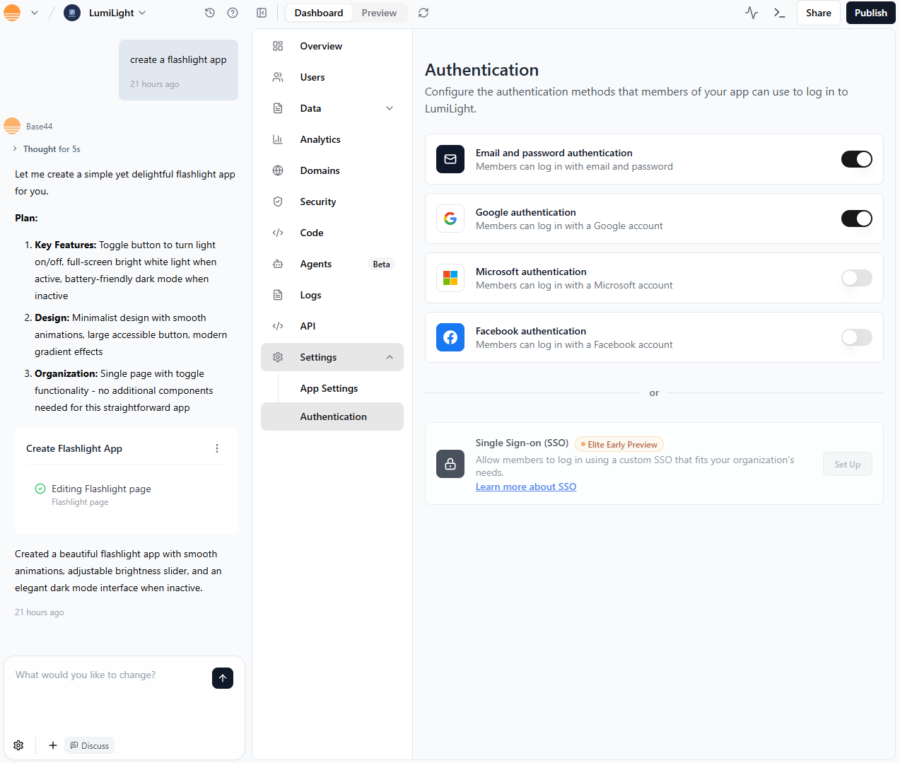 A screenshot of Base44's Authentication Integration options.