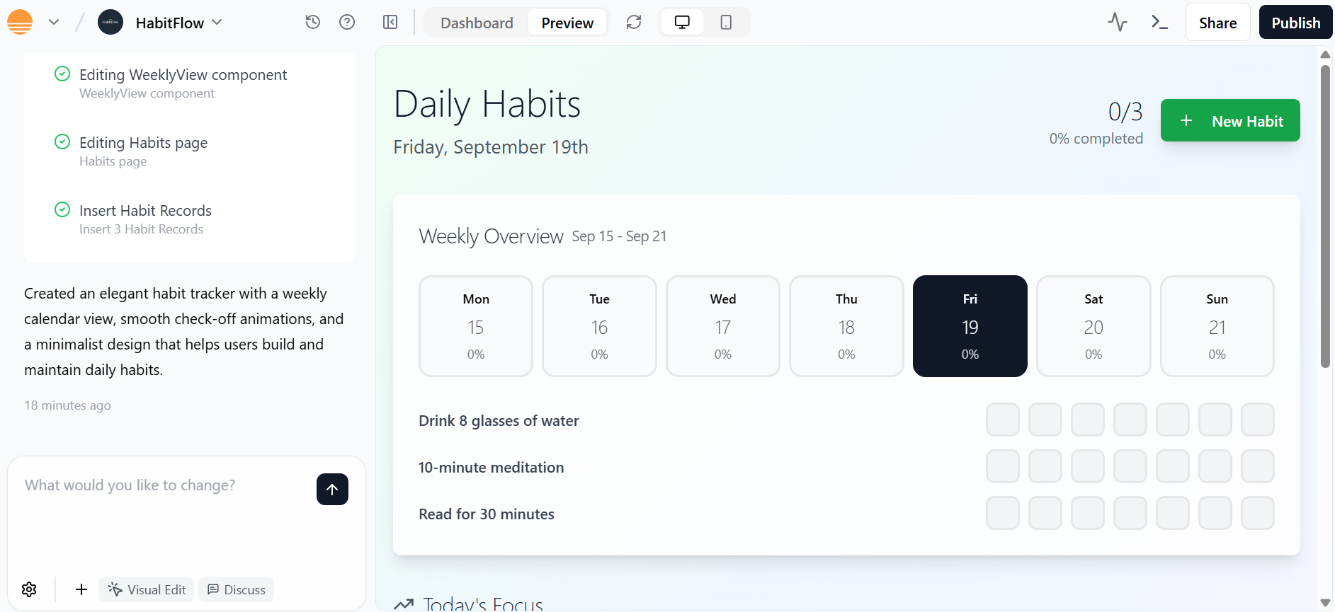 Base44 interface showing the generation of a 'Daily Habits' app from a text prompt" Source: Tech.co Testing