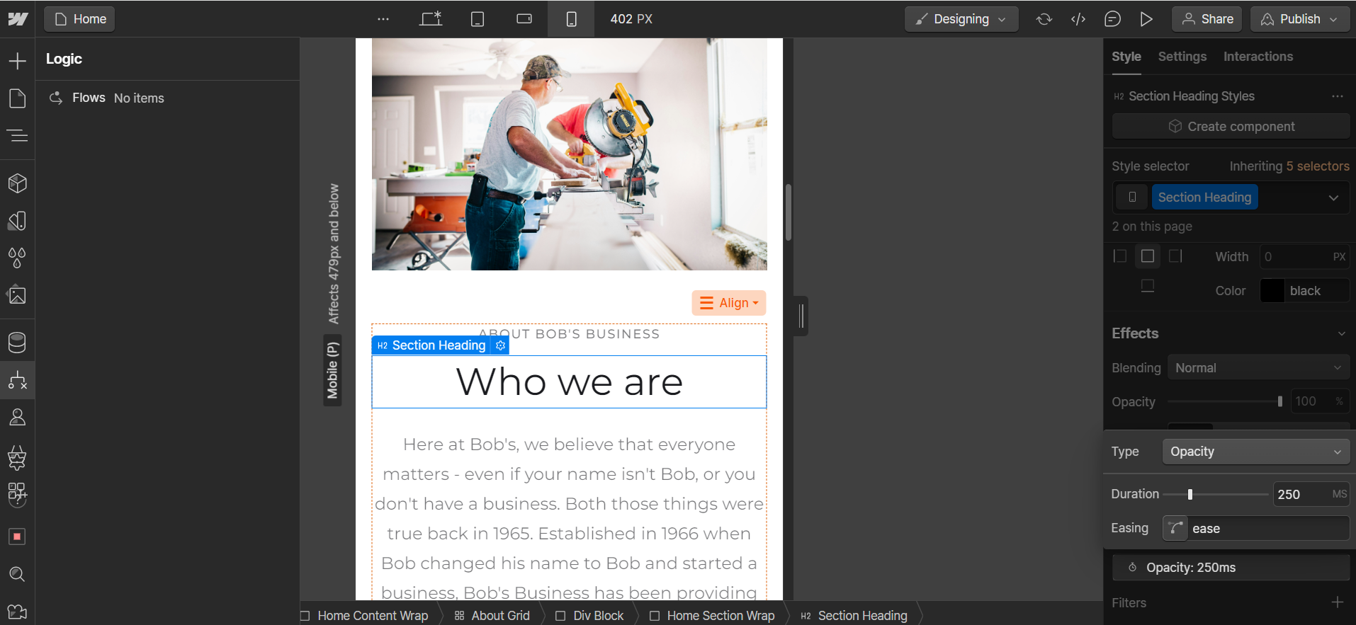 Editing a small business site with Webflow