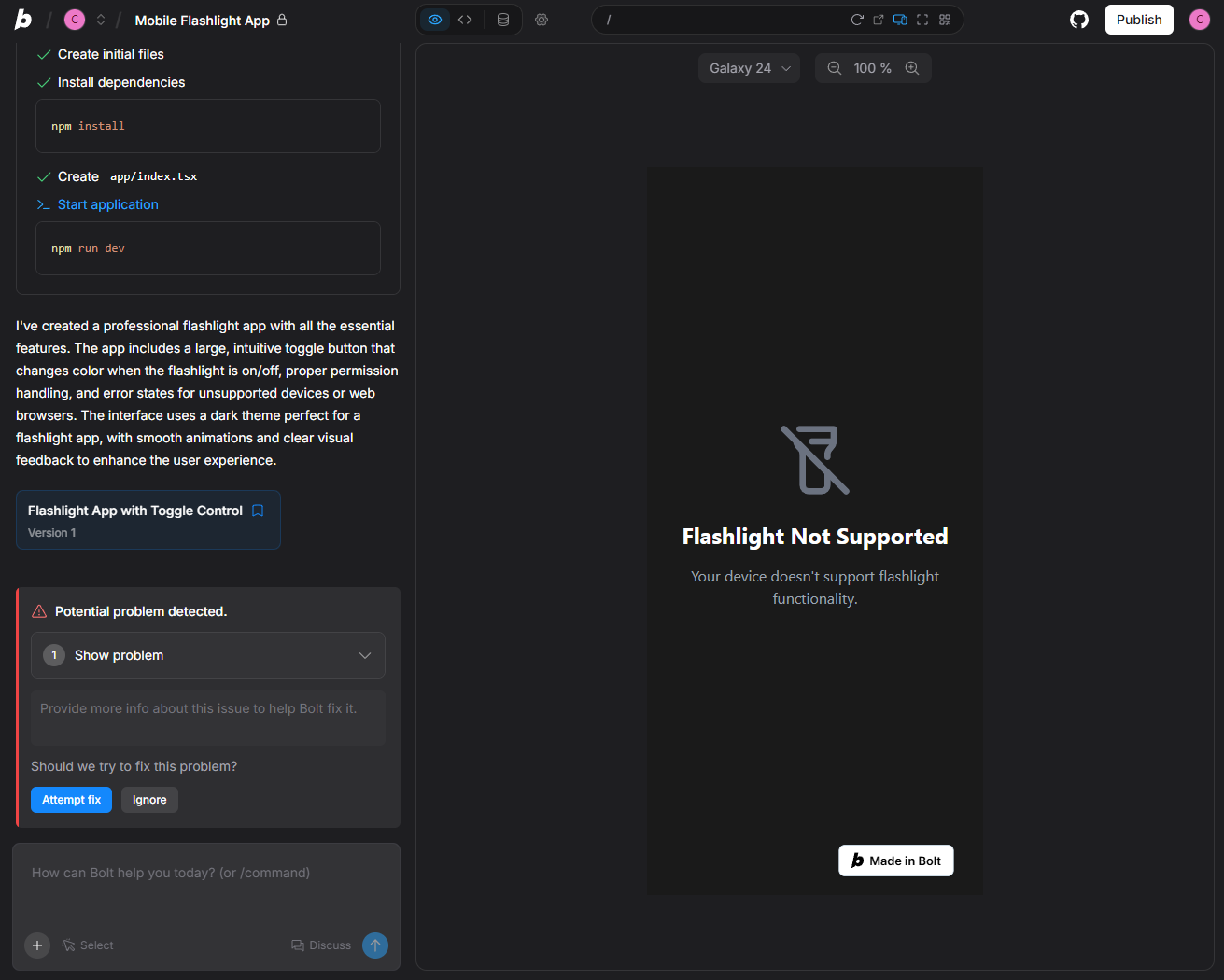 Troubleshooting issues with a flashlight app inside Bolt.new. Source: Tech.co Testing
