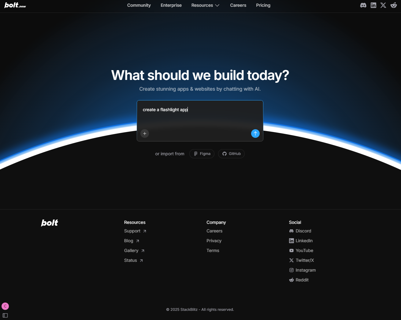 Navigating to Bolt.new's homepage. Source: Tech.co Testing