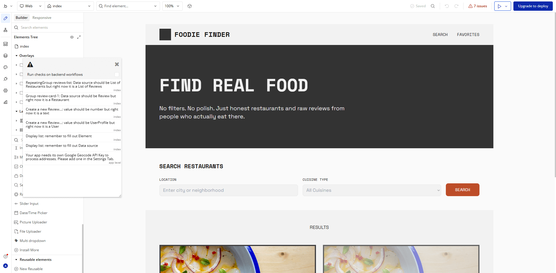 Generating a homepage for a food review site using Bubble. Source: Tech.co Testing