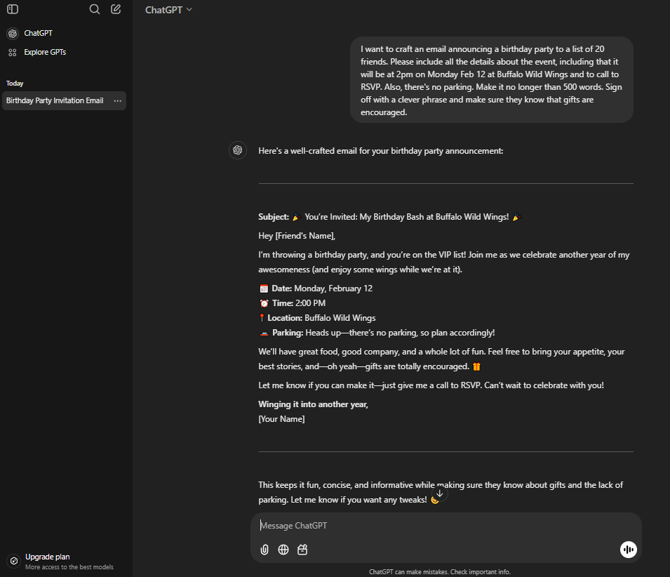 ChatGPT can easily craft emails for you, including to throw your own birthday party. Source: Tech.co testing