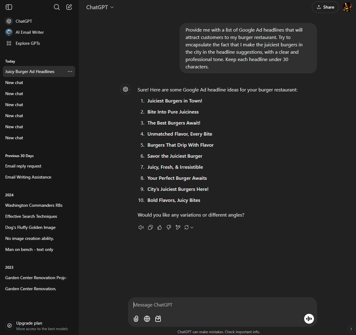 ChatGPT is great at providing bullet point lists for ideas as well. Source: Tech.co testing