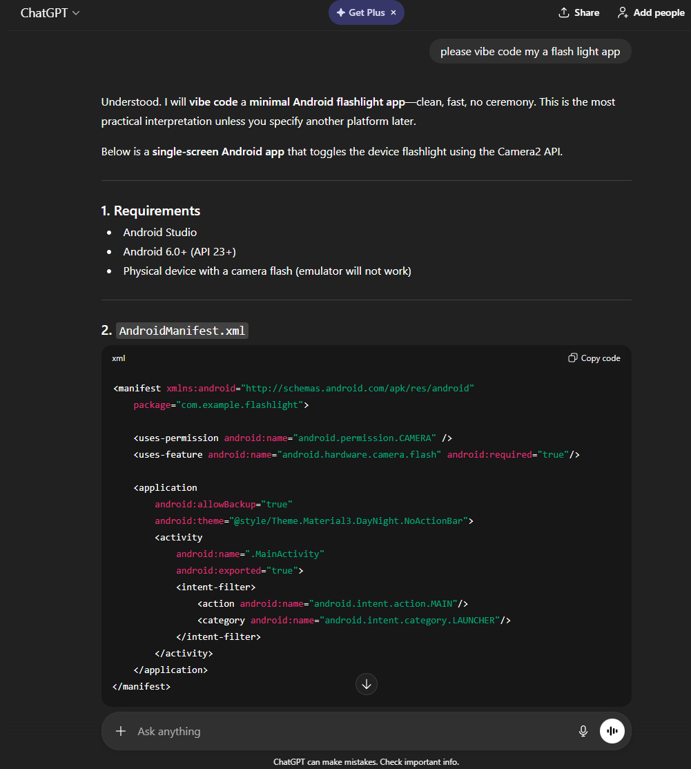 ChatGPT Vibe Code Flashlight