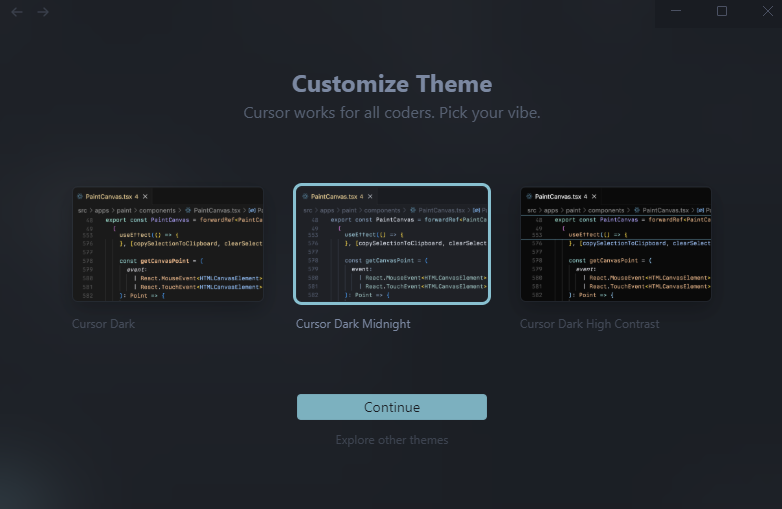 Choosing one of three themes on Cursor. Source: Tech.co Testing