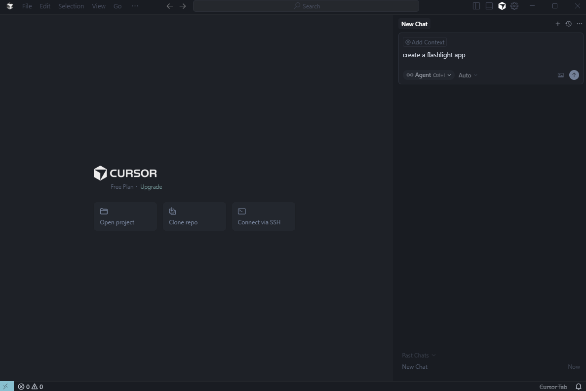 Cursor's main page set to the default dark mode. Source: Tech.co Testing