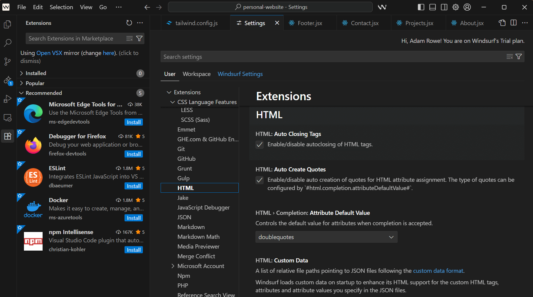 Exploring Windsurf's extensions and settings. Source: Tech.co Testing