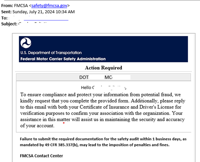 Fake FMCSA Email