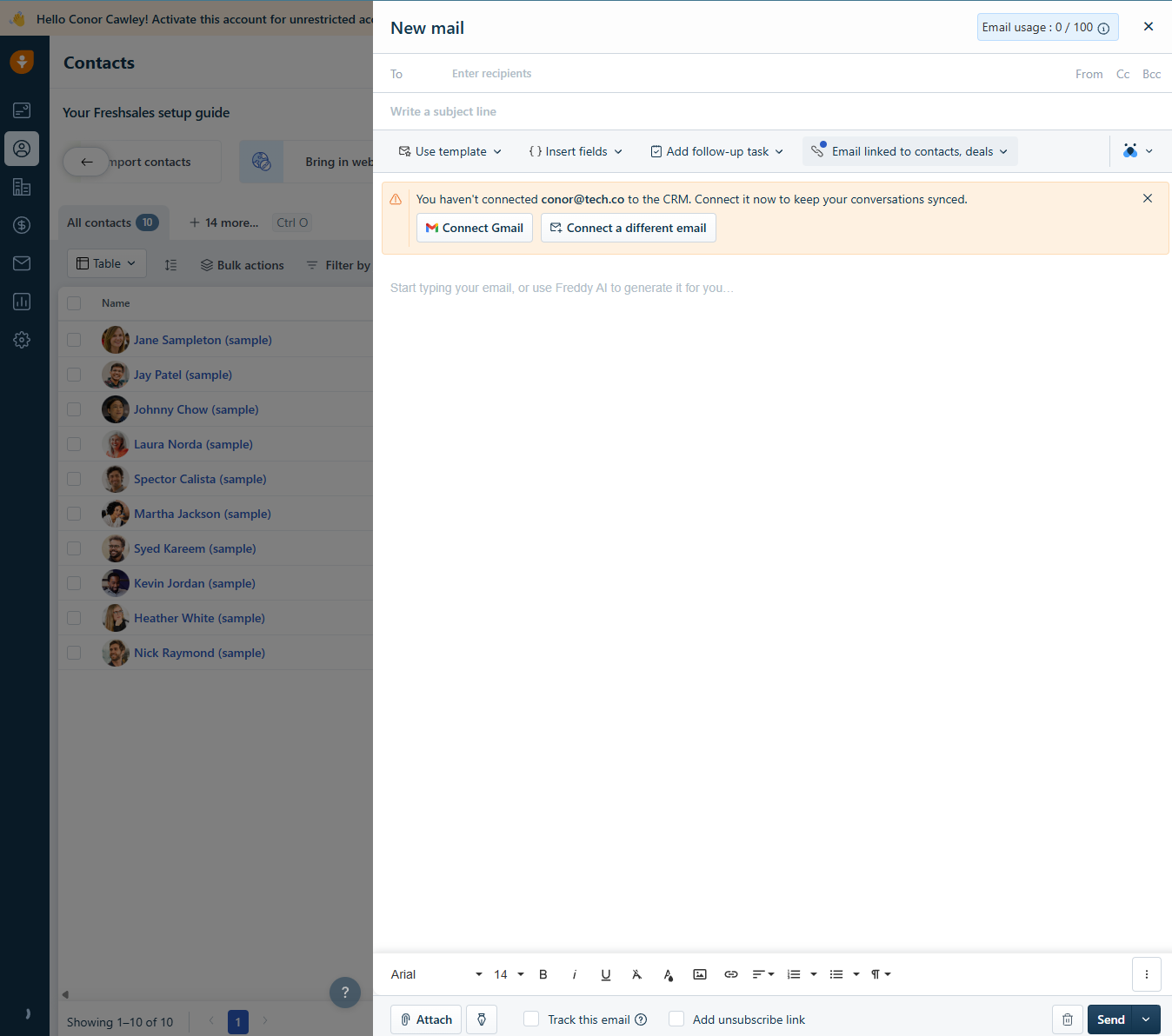 We were able to send emails directly in Freshsales, once we connected our Gmail to the platform. Source: Tech.co testing