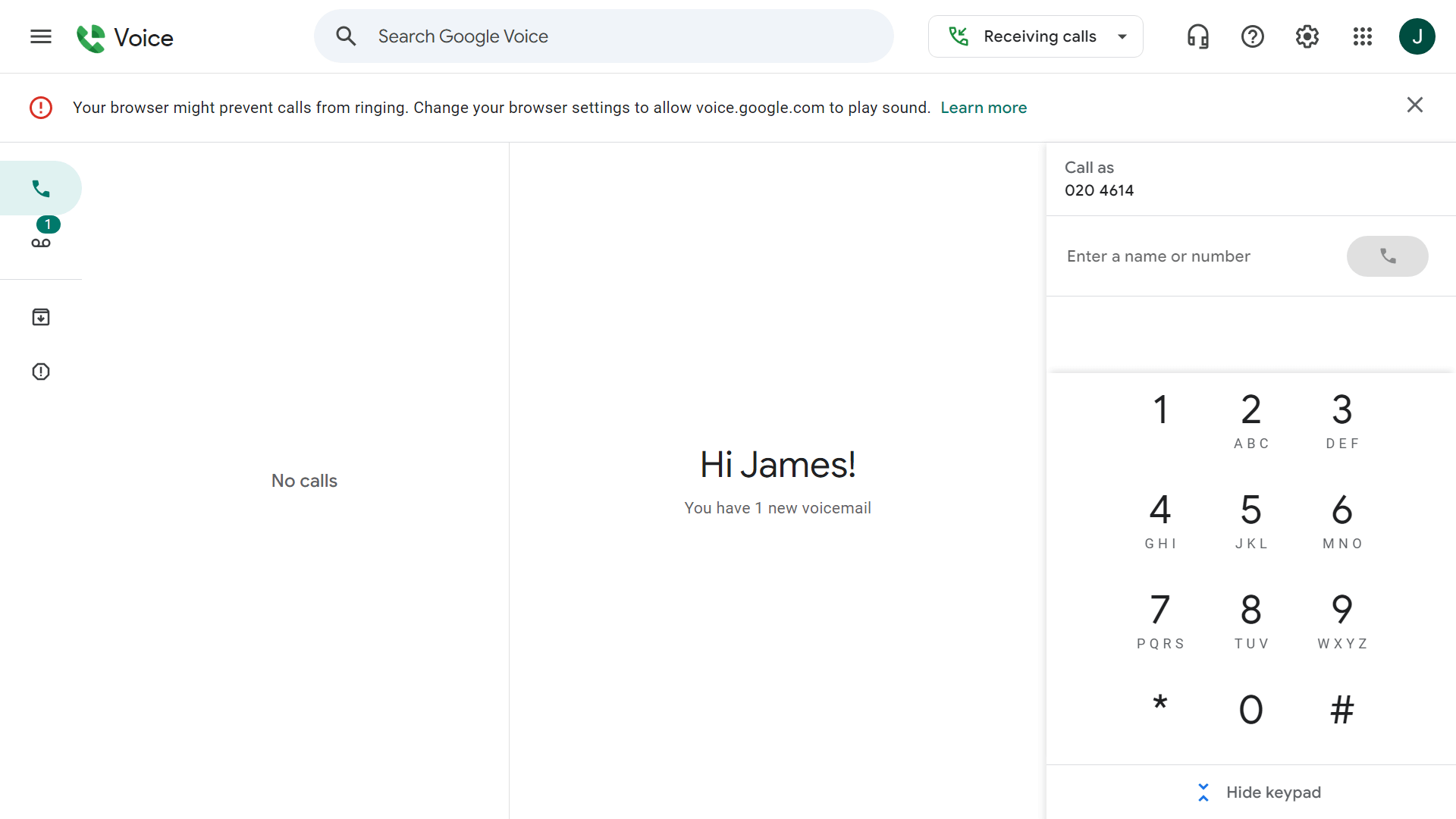 Screenshot of the Google Voice homepage. Source: Tech.co testing