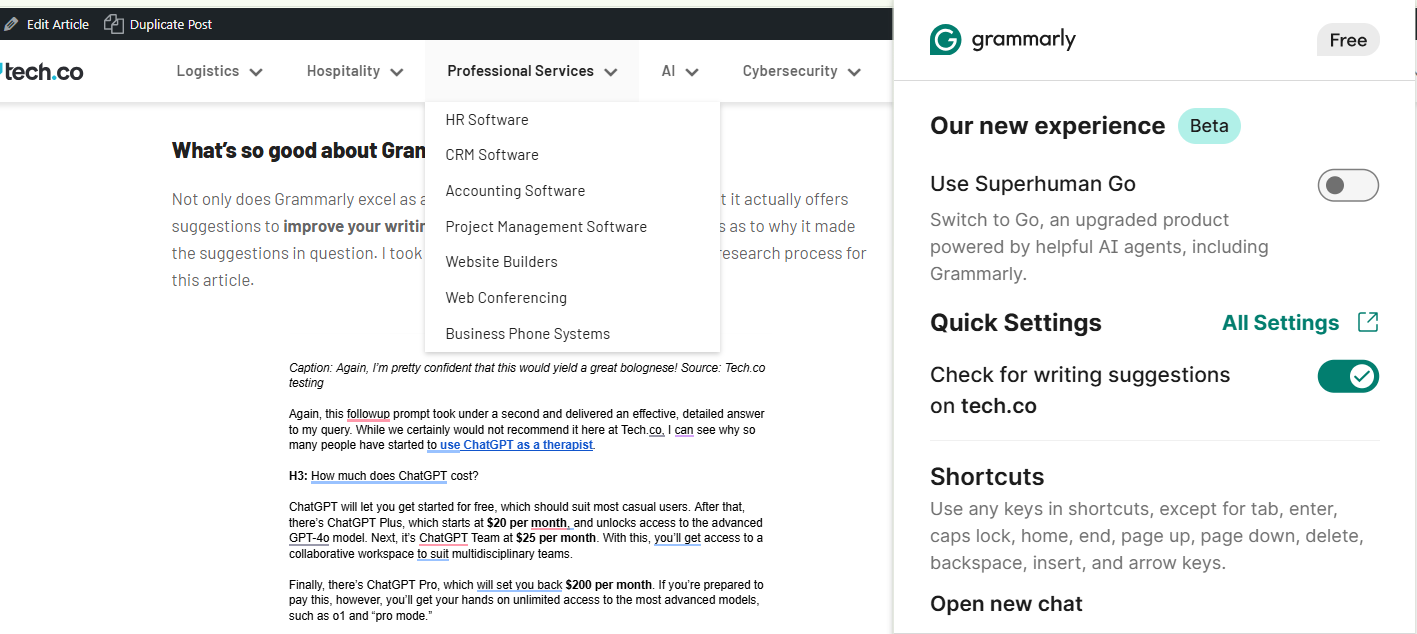 Grammarly's browser menu. Source: Tech.co testing