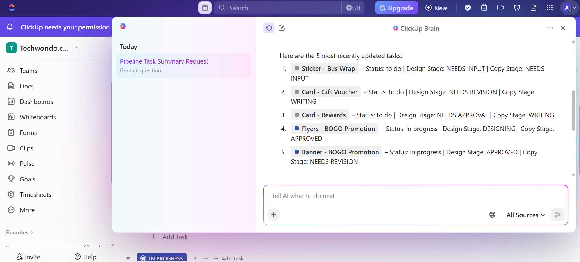 Screenshot of ClickUp Brain. Source: Tech.co testing