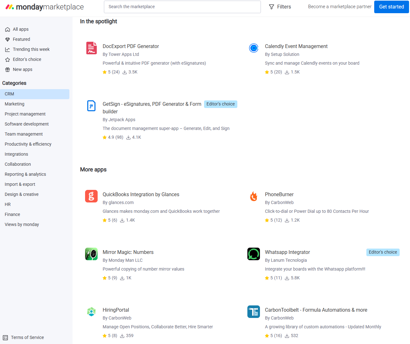 Many CRM like monday can integrate with a variety of third party apps for a more complete solution. Source: Tech.co testing