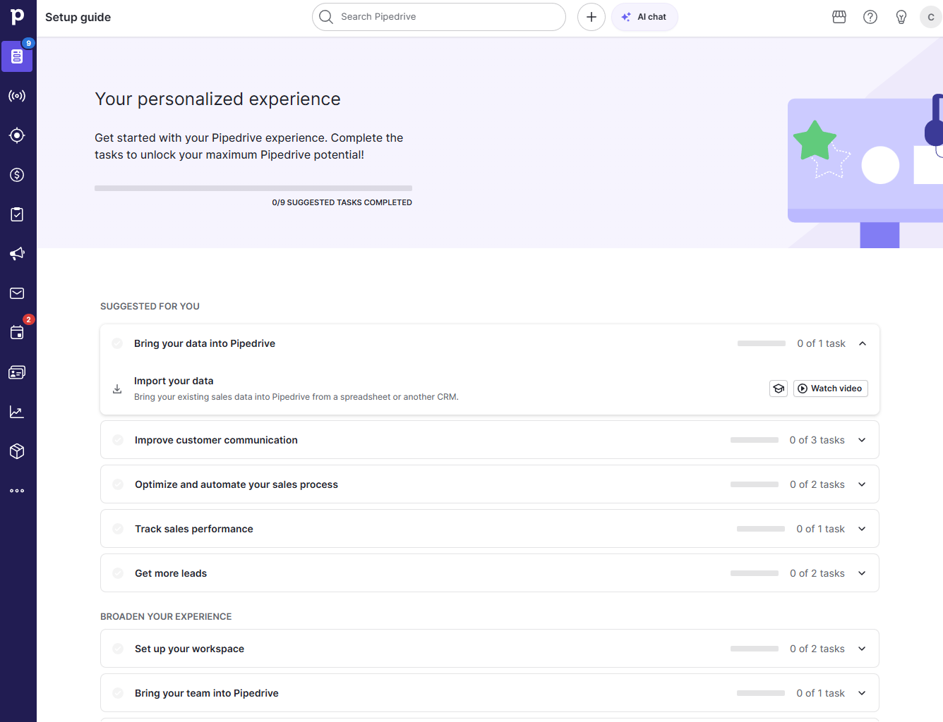 The Pipedrive free trial starts you off with a setup guide to make sure you hit all the important steps. Source: Tech.co testing