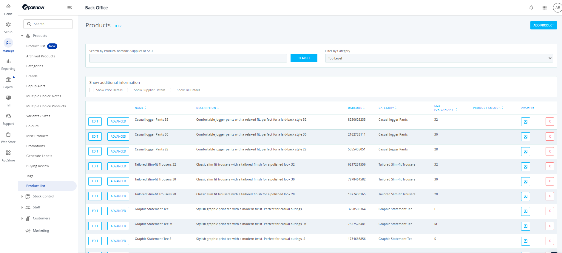 Epos Now lets you sift through products via catagory, product, barcode supplier, or SKU