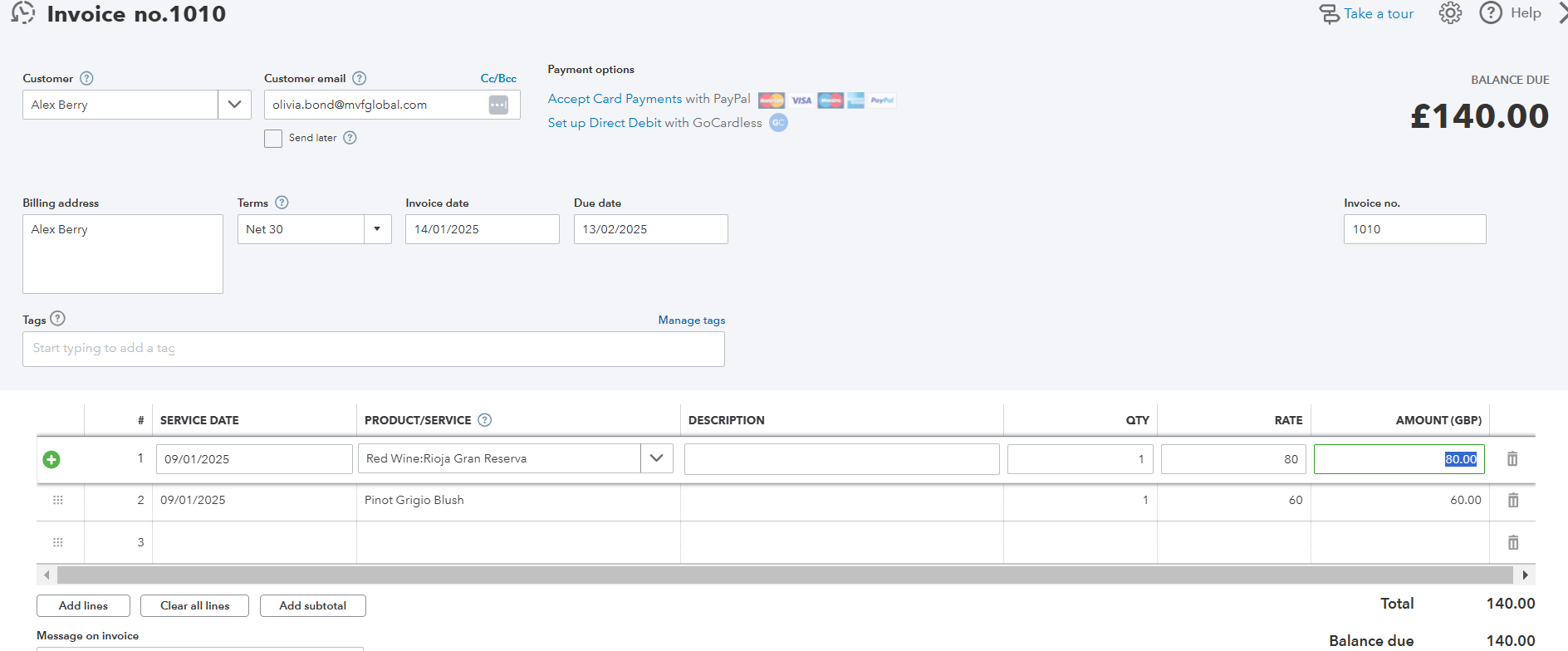 QuickBooks provides a clear interface for editing an invoice. Source: Tech.co testing