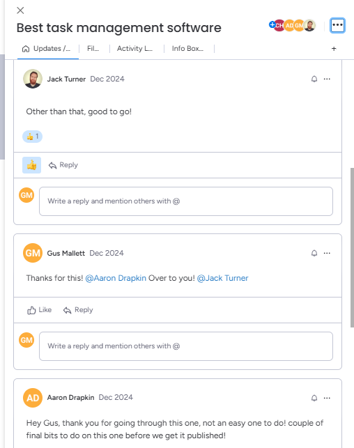 Screenshot of a task card on monday.com. Source: Tech.co testing