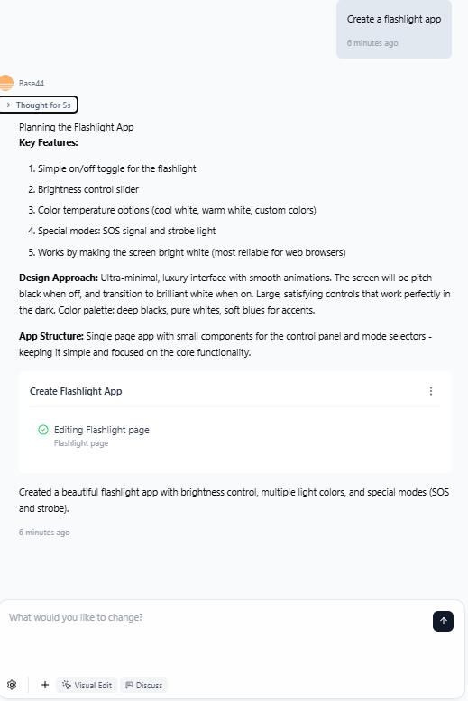 An image of Base44's thought process it provided us with during app creation. Source: Tech.co testing