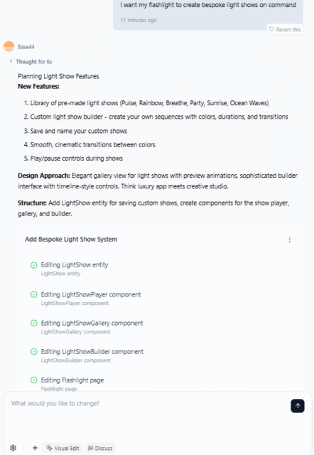 Base44 generating it's own app-building instructions for our test app. Source: Tech.co testing