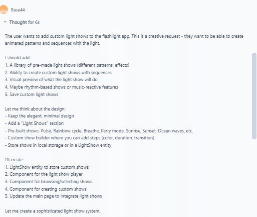 Base44 ideating after being asked to add a custom light show. Source: Tech.co testing