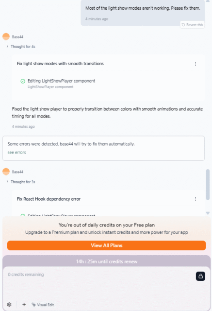 Troubleshooting errors and running out of credits while using Base44. Source: Tech.co testing