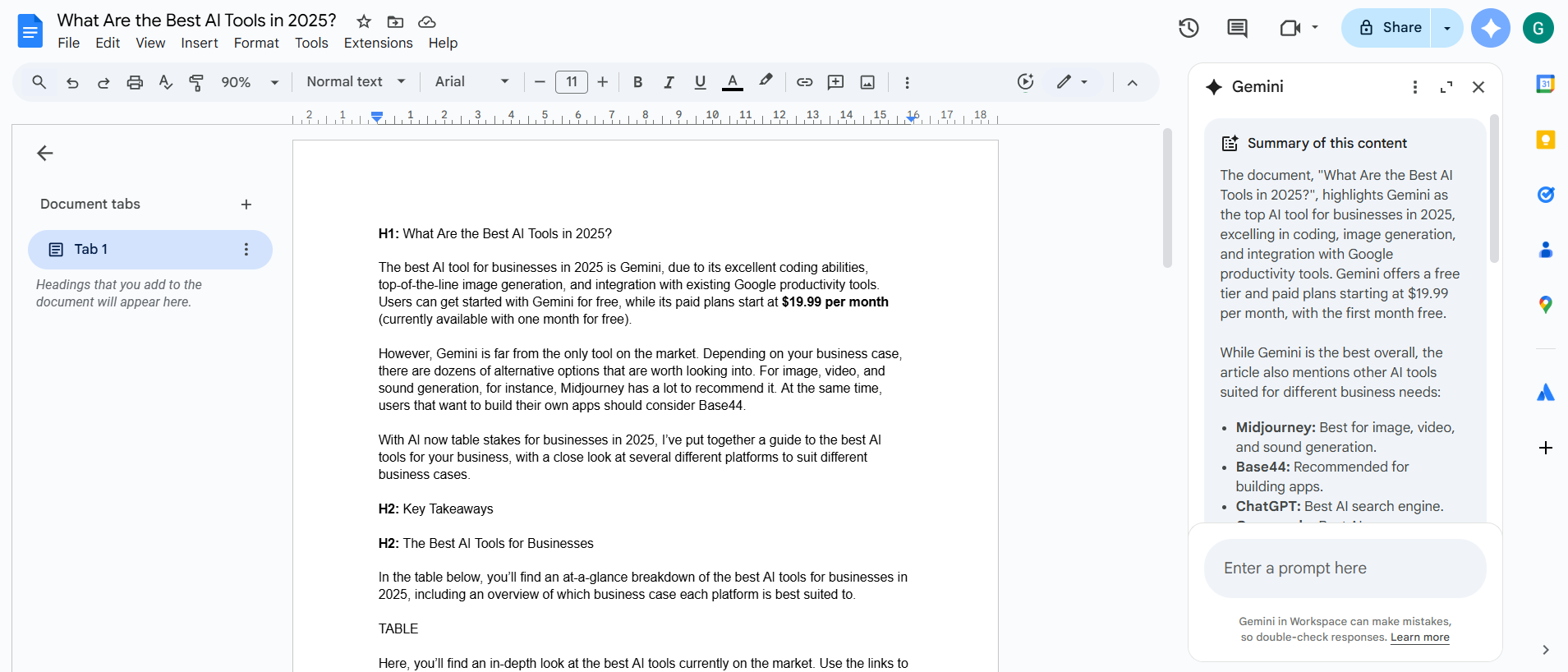 Using Gemini to summarize content in Google Docs. Source: Tech.co testing