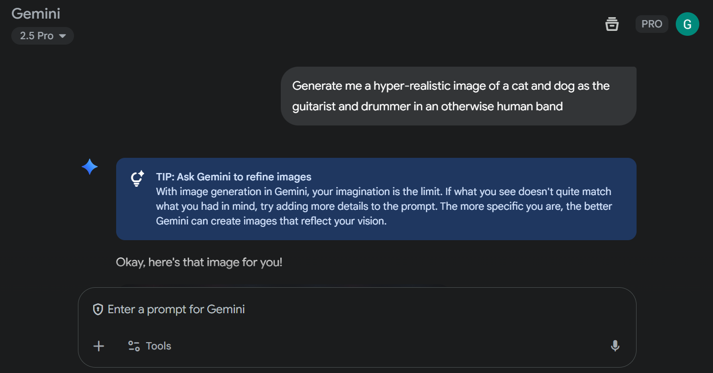 Prompting Gemini to produce an image. Source: Tech.co testing