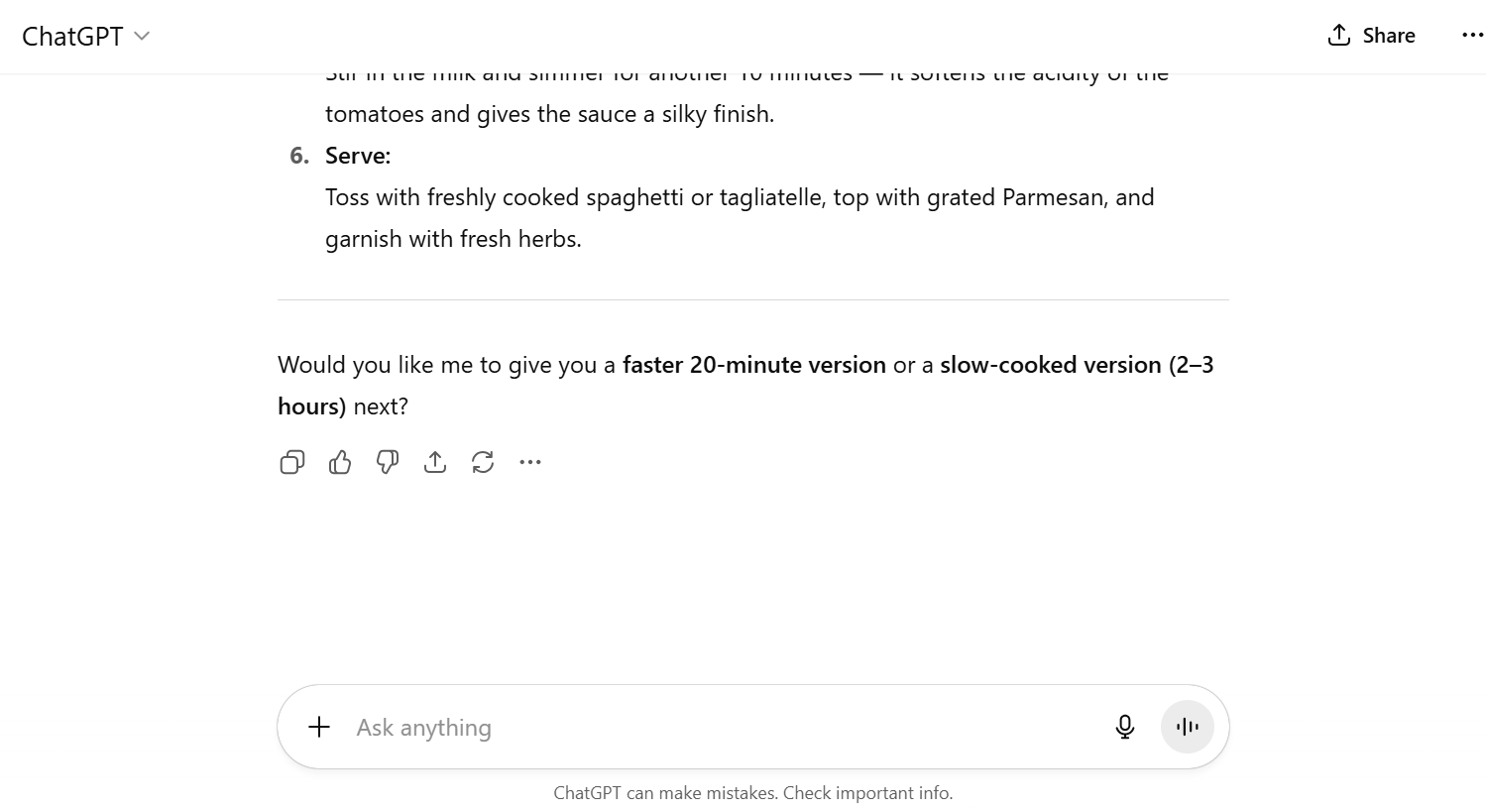 ChatGPT providing a simple pasta recipe. Source: Tech.co testing