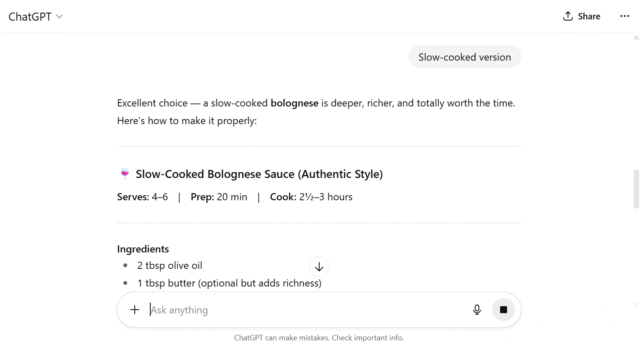 Asking ChatGPT to produce a recipe for Bolognese sauce. Source: Tech.co testing