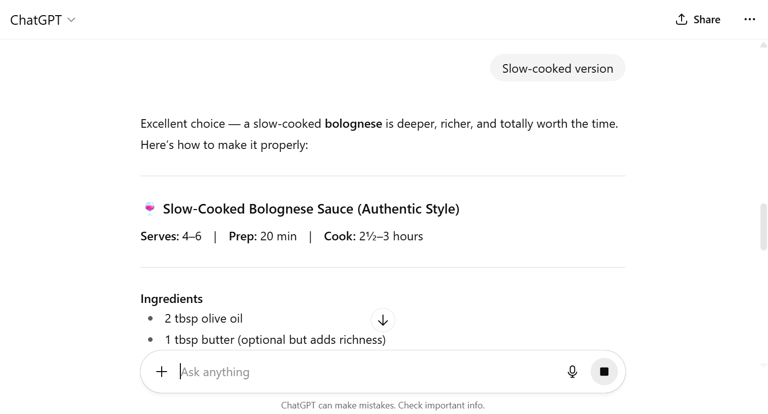 Asking ChatGPT to produce a recipe for Bolognese sauce. Source: Tech.co testing