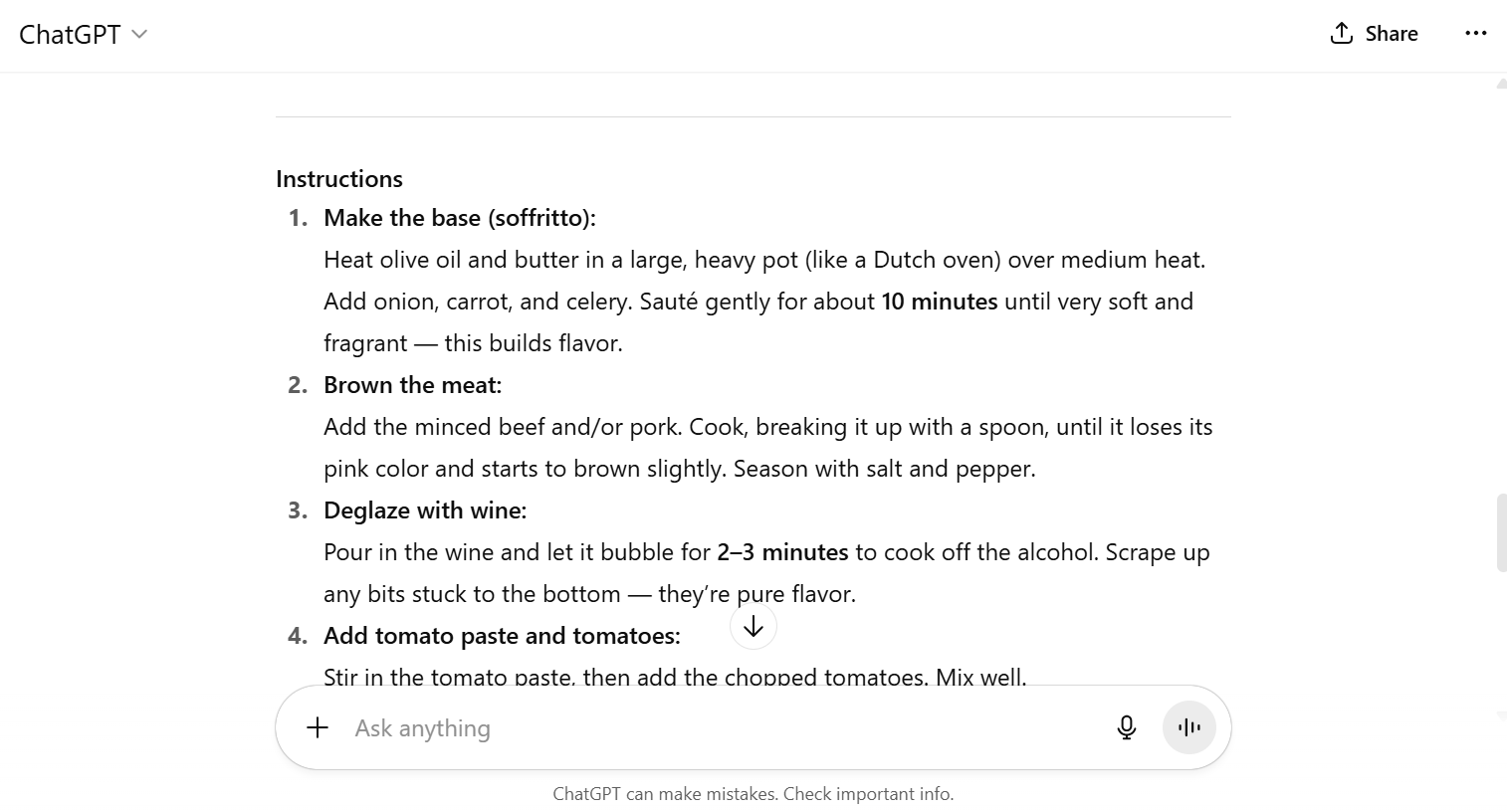 Analyzing the recipe ChatGPT produced during testing. Source: Tech.co testing