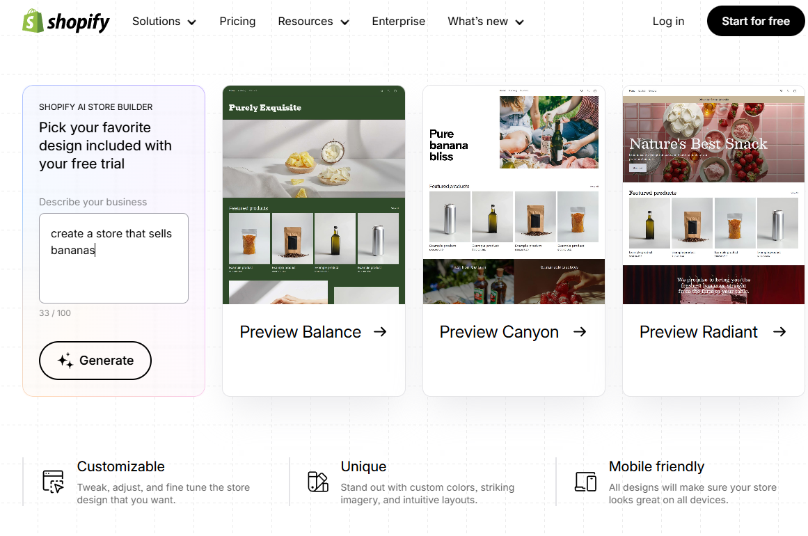 Shopify AI Store Builder. Source: Tech.co testing