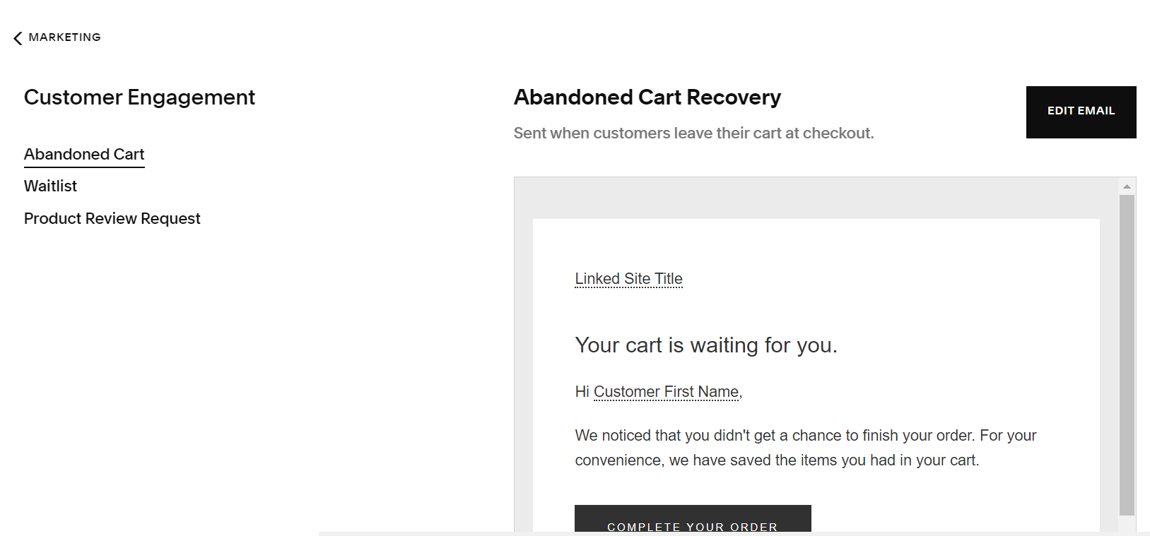 Squarespace aboadnoend cart recovery email