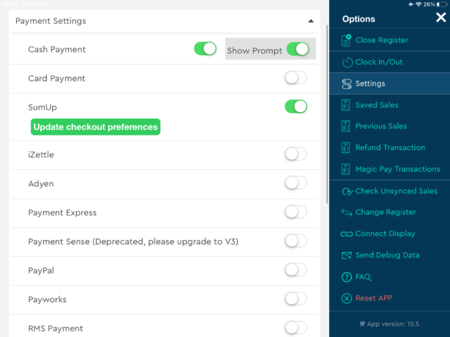 SumUp's payment options can be toggled on or off within the software's settings page.