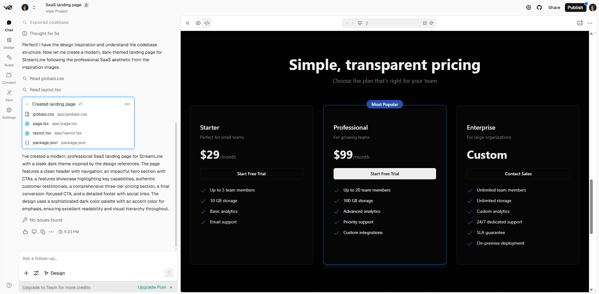 v0 generates a pricing section on the landing page it created. Source: Tech.co Testing