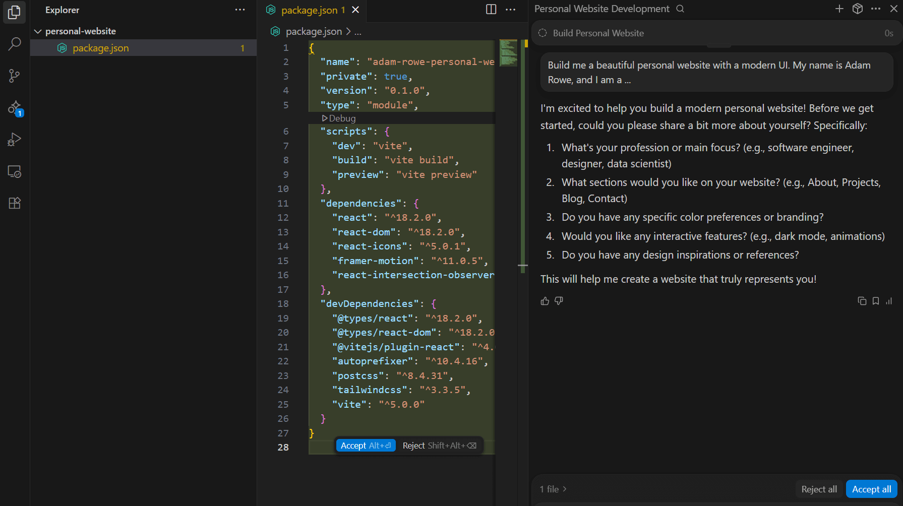 Creating a personal website with Windsurf. Source: Tech.co Testing