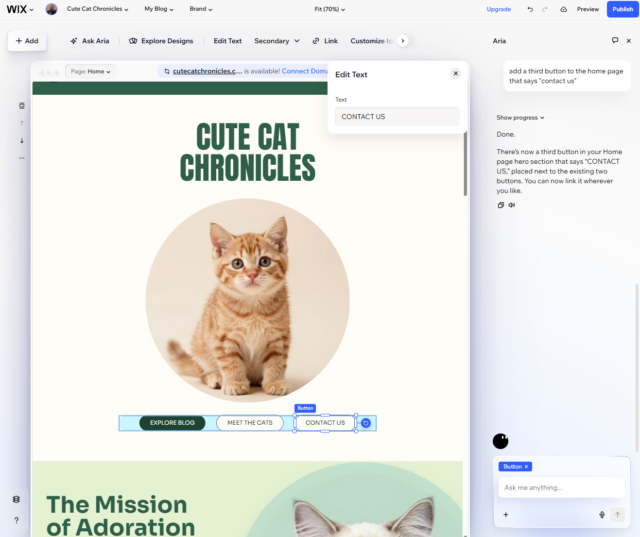 Wix Harmony allowed us to manual edit the generated copy from natural language prompts. Source: Tech.co testing